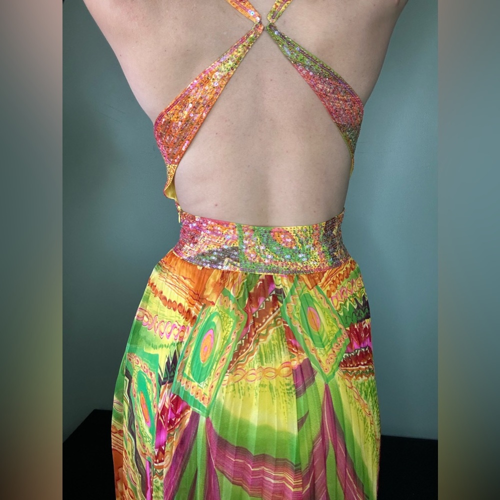 Tropical Floral Multi-Color Evening Gown Maxi Dress with Beading and Sequins - Picture 6 of 8
